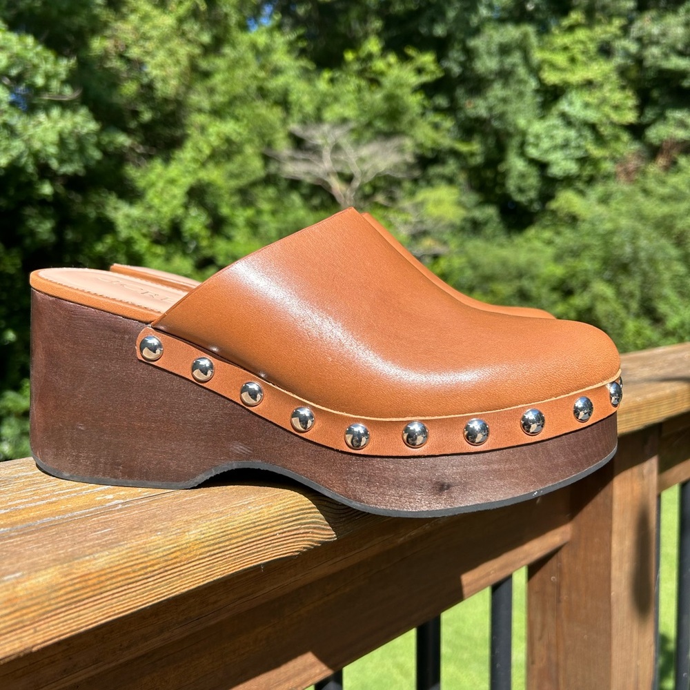J. Crew Brown Leather Mules with Silver Studs